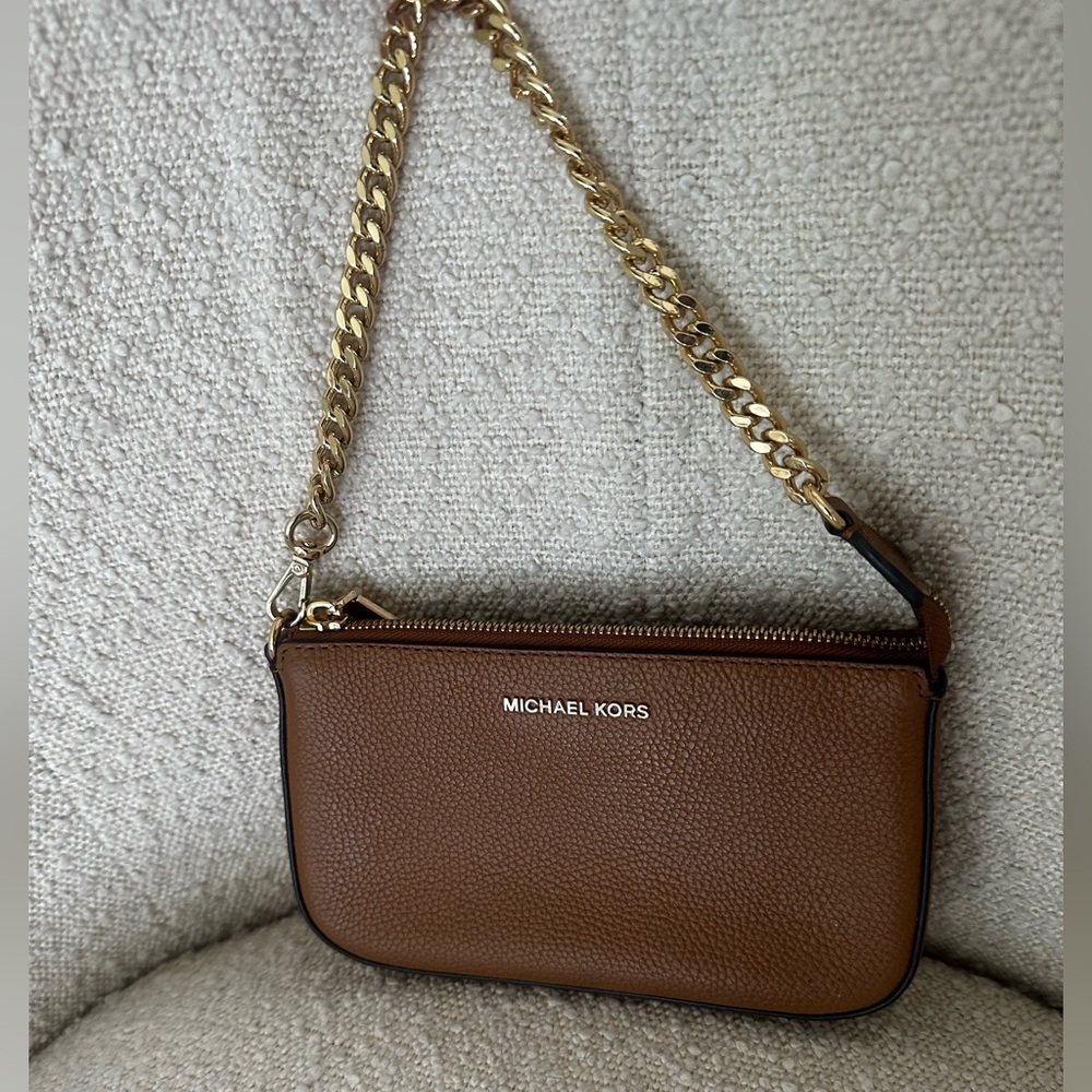 Michael Kors Brown Leather Jet Set Pouchette with Gold Chain